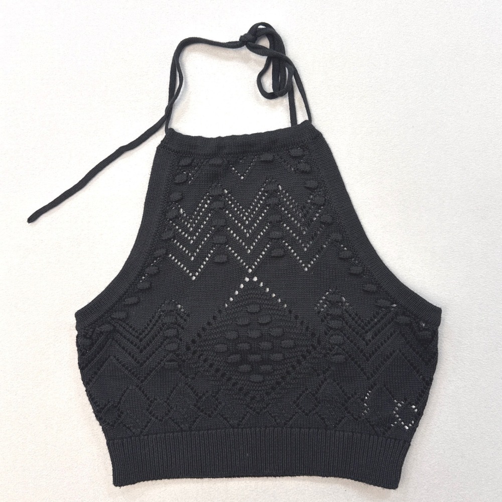 Hunter & Brown Black Pointelle Knit Halter Crop Top HBT785 Medium